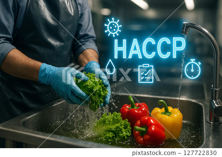 Washing lettuce and bell peppers under food safety HACCP standards with gloves in industrial sink to ensure hygiene and contamination prevention control 127722830