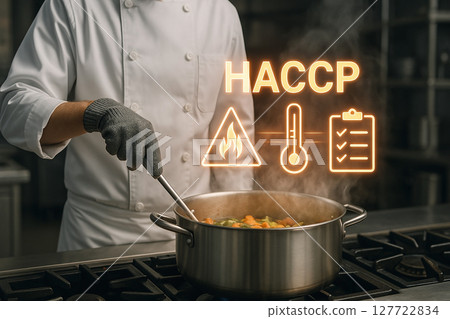 HACCP cooking monitoring in professional kitchen with chef using gloves to stir vegetable soup in boiling pot under temperature and fire hazard control 127722834