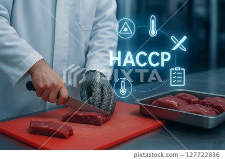 Food engineer slicing raw beef under strict HACCP meat safety protocols in industrial environment with temperature and contamination risk controls 127722836