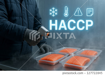 HACCP food safety protocol with temperature monitoring in cold storage facility during infrared scanning of packaged salmon fillets for hazard prevention 127722845