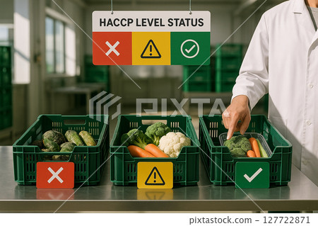 Vegetable inspection based on HACCP compliance level system with red, yellow, and green indicators for risk classification in food processing facility 127722871