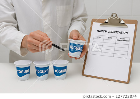 HACCP label verification process on yogurt containers by food safety inspector with checklist on clipboard in dairy quality control laboratory 127722874