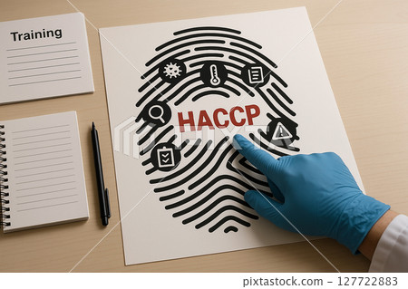 HACCP food safety concept with gloved hand pointing to fingerprint poster containing icons of hazard analysis and critical control points training 127722883