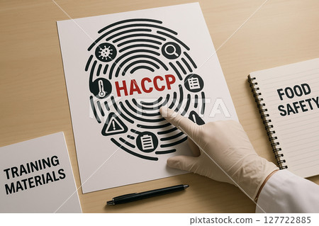 Gloved hand pointing to HACCP fingerprint training visual with food safety and materials notebooks on a desk in food industry classroom 127722885
