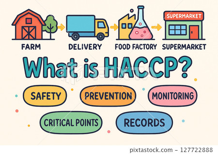 Cartoon infographic illustrating the HACCP process from farm to supermarket, highlighting key food safety concepts such as prevention, monitoring, and records Cartoon infographic illustrating the HACCP process from farm to supermarket, highlighting key food safety concepts such as prevention, monitoring, and records 127722888