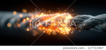 Frayed wire with glowing sparks and firewall effect showing electrical damage and risk of fire hazard in close up view 127722967