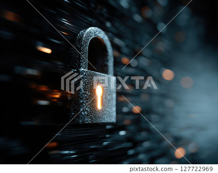 Locked padlock glowing with light symbolizes firewall protection securing digital data from cyber threats dark futuristic 127722969