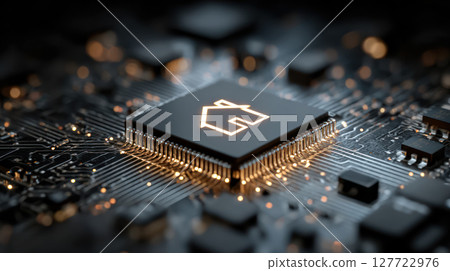 Smart home technology concept with glowing chip on circuit board showing innovation and connectivity 127722976