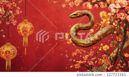 vibrant Chinese New Year backdrop featuring golden snake among blossoms 127723161