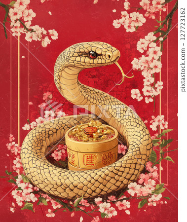 traditional Chinese New Year poster featuring snake and gold ingot, surrounded by cherry 127723162