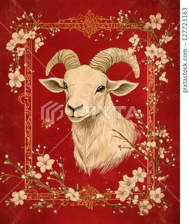 Chinese New Year poster featuring goat surrounded by cherry blossoms and gold accents 127723163