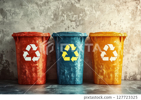 Colorful trash bins for recycling against textured wall, promoting eco friendliness and sustainability 127723325