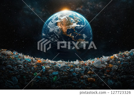 stunning view of Earth surrounded by sea of plastic waste, highlighting environmental issues 127723326