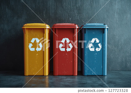 Colorful recycling bins in modern setting promote eco friendly practices 127723328