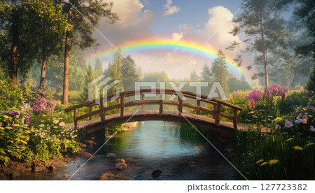 tranquil countryside setting with colorful rainbow above rustic wooden bridge crossing crystal clear stream surrounded by blooming flowers 127723382