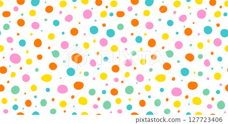 Seamless abstract pattern, background of multicolor falling confetti, polka dots on a light background, flat style. hand drawing. Not AI, Vector illustration 127723406