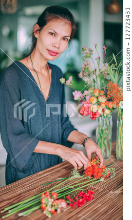 Young southeast asian saleswoman while forms 127723431