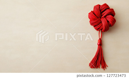 vibrant red decorative knot with tassel, symbolizing good fortune and prosperity. This intricate design adds elegance to any setting 127723473