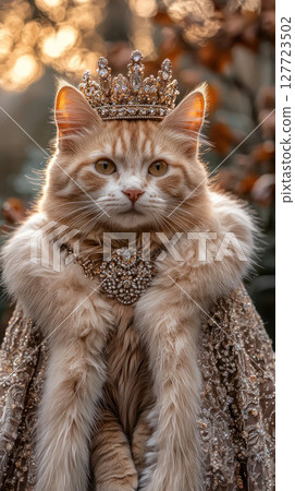 Majestic cat wearing royal outfit with crown, exuding elegance and grace 127723502