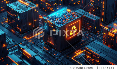 Futuristic trash container surrounded by glowing technology and debris Futuristic trash container surrounded by glowing technology and debris 127723534