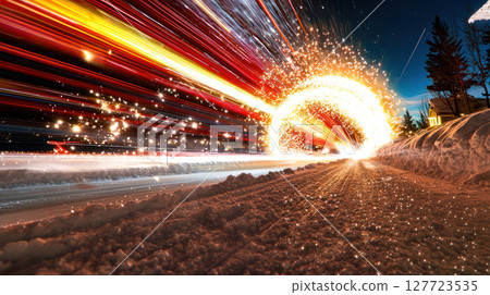 Fireworks explode in vibrant colors, illuminating snowy landscape at night 127723535