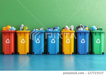 Colorful trash containers lined up against green wall, filled with recyclable waste. vibrant scene promoting recycling awareness 127723537