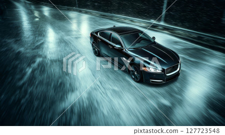 Black sedan drives through heavy rain on highway 127723548