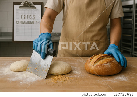 Cross Contamination concern in bakery as raw dough and baked bread are handled with same tool emphasizing risk in shared surfaces within food manufacturing facilities Cross Contamination concern in bakery as raw dough and baked bread are handled with same tool emphasizing risk in shared surfaces within food manufacturing facilities 127723685