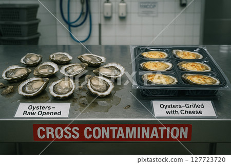 Cross Contamination Danger With Raw Opened Oysters Next to Grilled Cheese Topped Oysters on Same Surface Highlighting Improper Segregation in Food Industry Setting Cross Contamination Danger With Raw Opened Oysters Next to Grilled Cheese Topped Oysters on Same Surface Highlighting Improper Segregation in Food Industry Setting 127723720