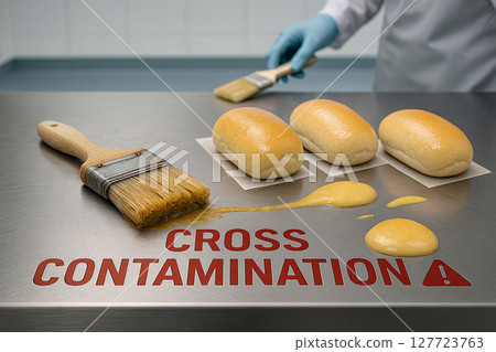 Cross Contamination Risk at Industrial Bakery Glazing Station with Egg-Yolk Brush Touching Stainless Surface Near Vegan Wheat Rolls and Red Warning Text on Worktable 127723763