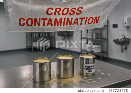 Cross contamination risk from overhead condensation dripping onto open sweetened condensed milk cans in dairy processing zone with visible milk residue and hygiene violation 127723778