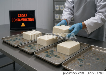 Cross contamination risk in cheese handling process with fresh queso fresco placed on unclean trays containing visible mold residues and whey buildup in dairy packaging area 127723780