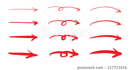 Set of right-pointing pen handwritten arrows Red Vector 127723816