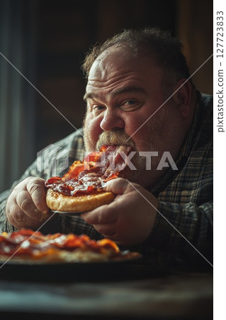 Enjoying a delicious slice of pizza topped with crispy bacon during a cozy meal at home on a chilly evening 127723833