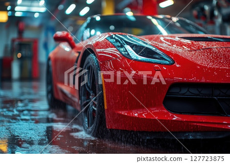Bright red sports car glistens with raindrops inside an auto service facility during a busy afternoon 127723875