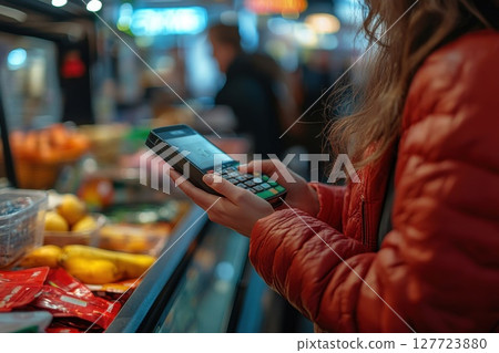 Young person using a mobile payment device in a bustling market, surrounded by fresh fruits and vibrant displays of goods during the evening hours 127723880