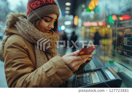 Young woman using a smartphone at a payment kiosk in a bustling city during winter evening 127723881