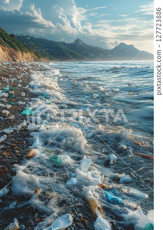 Coastal pollution seen on a beach at sunset with waves crashing over scattered plastic waste and bottles along the shore 127723886