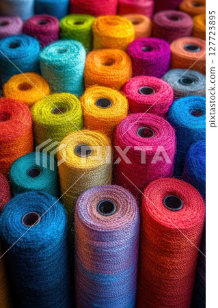Colorful spools of yarn arranged in a vibrant display at a craft market showcasing diverse shades and textures in a creative environment Colorful spools of yarn arranged in a vibrant display at a craft market showcasing diverse shades and textures in a creative environment 127723895