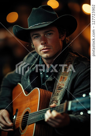 Country musician performs with passion in an intimate evening setting, highlighting authentic talent and emotional connection to the audience 127723902