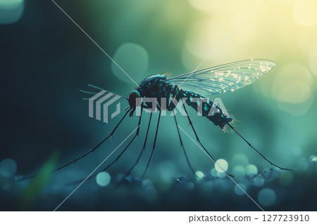 Close-up of a mosquito perched on a surface in soft lighting during the evening hours, showcasing intricate details of its body and wings 127723910