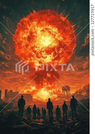 Fireball explosion lights up the night sky as silhouettes stand in awe of the devastation in a post-apocalyptic urban landscape 127723917