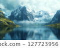 Majestic mountains reflect in calm lake waters under cloudy sky in remote wilderness 127723956