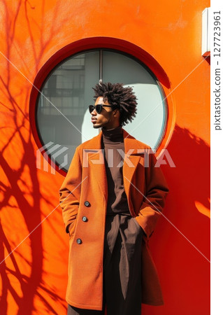 Stylish man standing against vibrant orange wall with circular window during sunny day in urban environment 127723961
