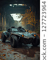 Off-road vehicle parked under a weathered overpass surrounded by autumn foliage during a misty morning 127723964