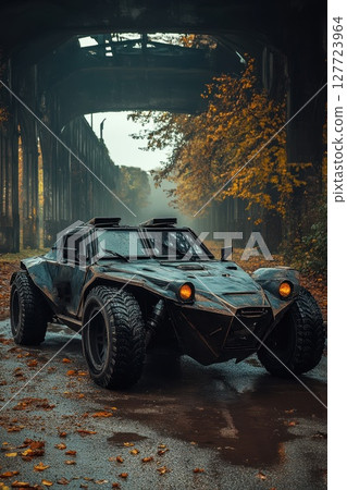 Off-road vehicle parked under a weathered overpass surrounded by autumn foliage during a misty morning 127723964