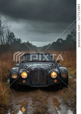 Abandoned vintage car resting on a muddy track in a foggy forest landscape during overcast weather in the late afternoon 127723965
