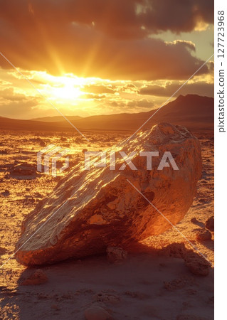 Sunrise illuminates a large rock formation in a desert landscape with mountains in the background 127723968