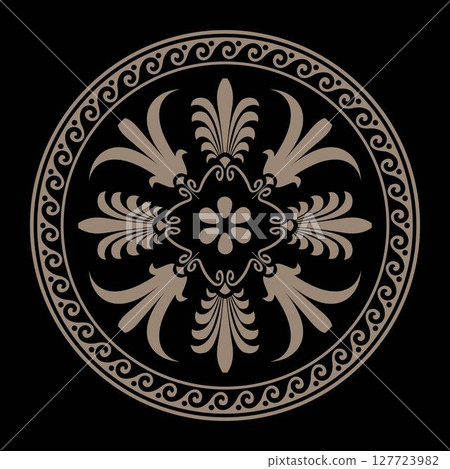 Vector gold round classic frame plate with pattern in center. Greek meander. Circle european border. Round antique border. Patterns of Greece, ancient Rome. Classic egyptian, assyrian, greek motives Vector gold round classic frame plate with pattern in center. Greek meander. Circle european border. Round antique border. Patterns of Greece, ancient Rome. Classic egyptian, assyrian, greek motives 127723982
