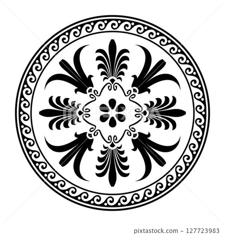 Greek round frame. Round ornament. Greek meander. Patterns of Greece and ancient Rome. Circle european border. Round antique greek border. Typical egyptian, assyrian and greek motives 127723983